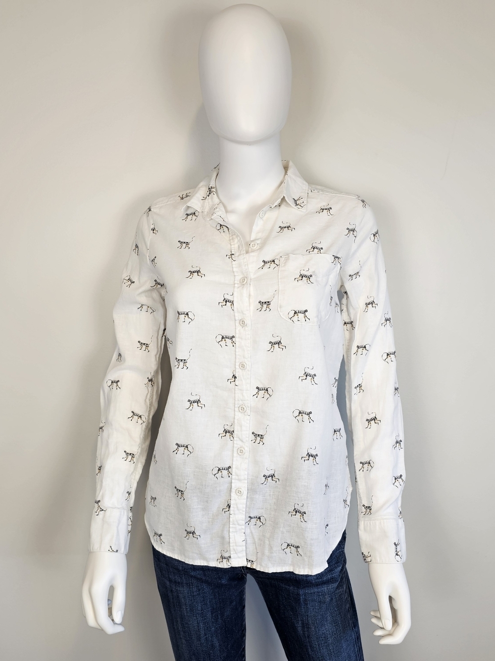 Fat Face White Long Sleeve Monkey Animal Print Button Up Blouse Sz 4